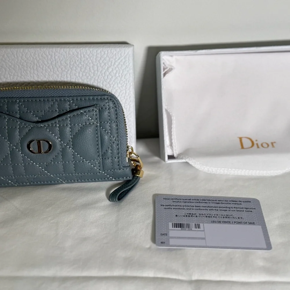 Dior Caro Zipped Card Holder Steel-Blue Calfskin